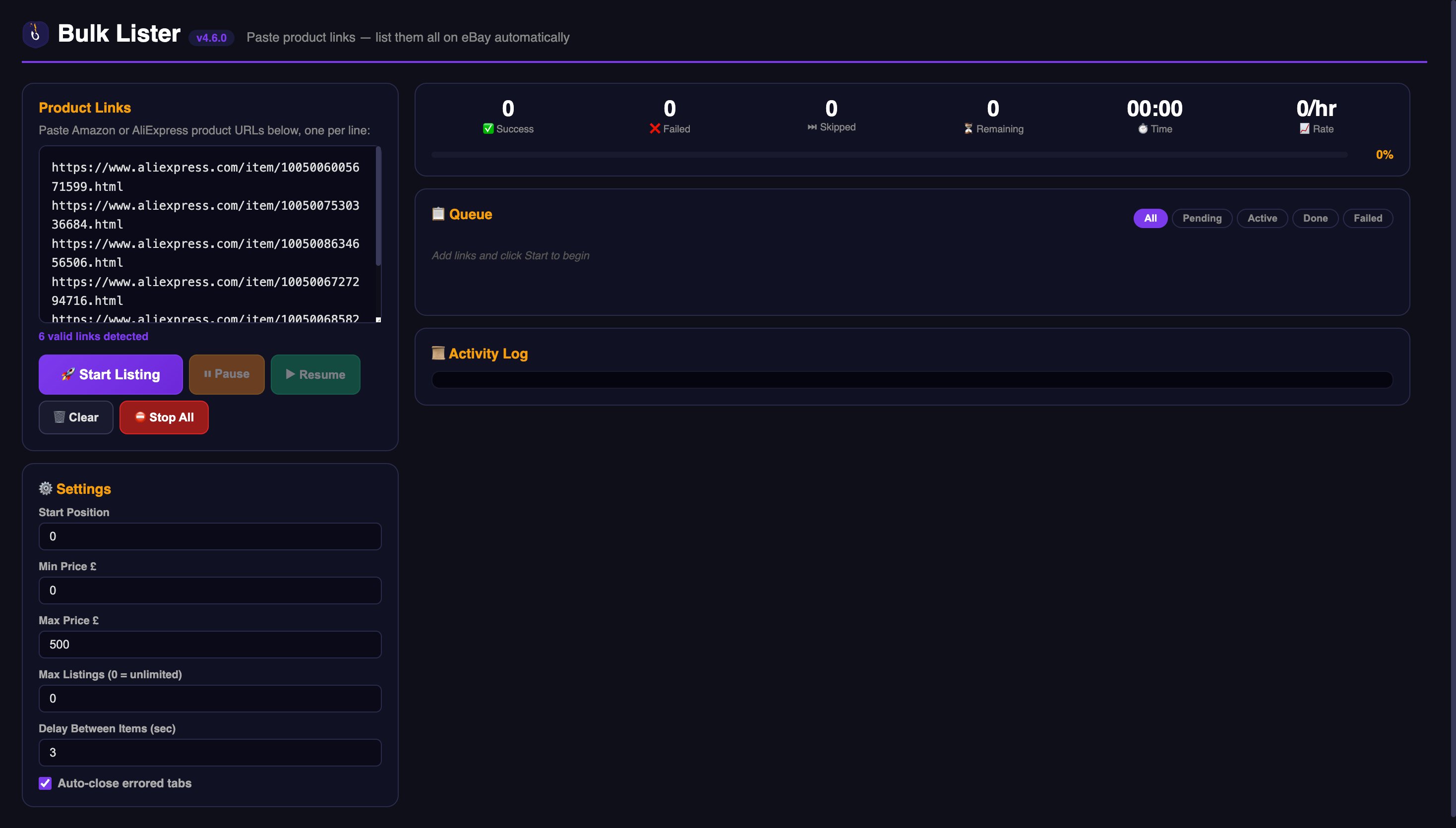 UnicornDS Bulk Lister processing multiple Amazon products to eBay simultaneously