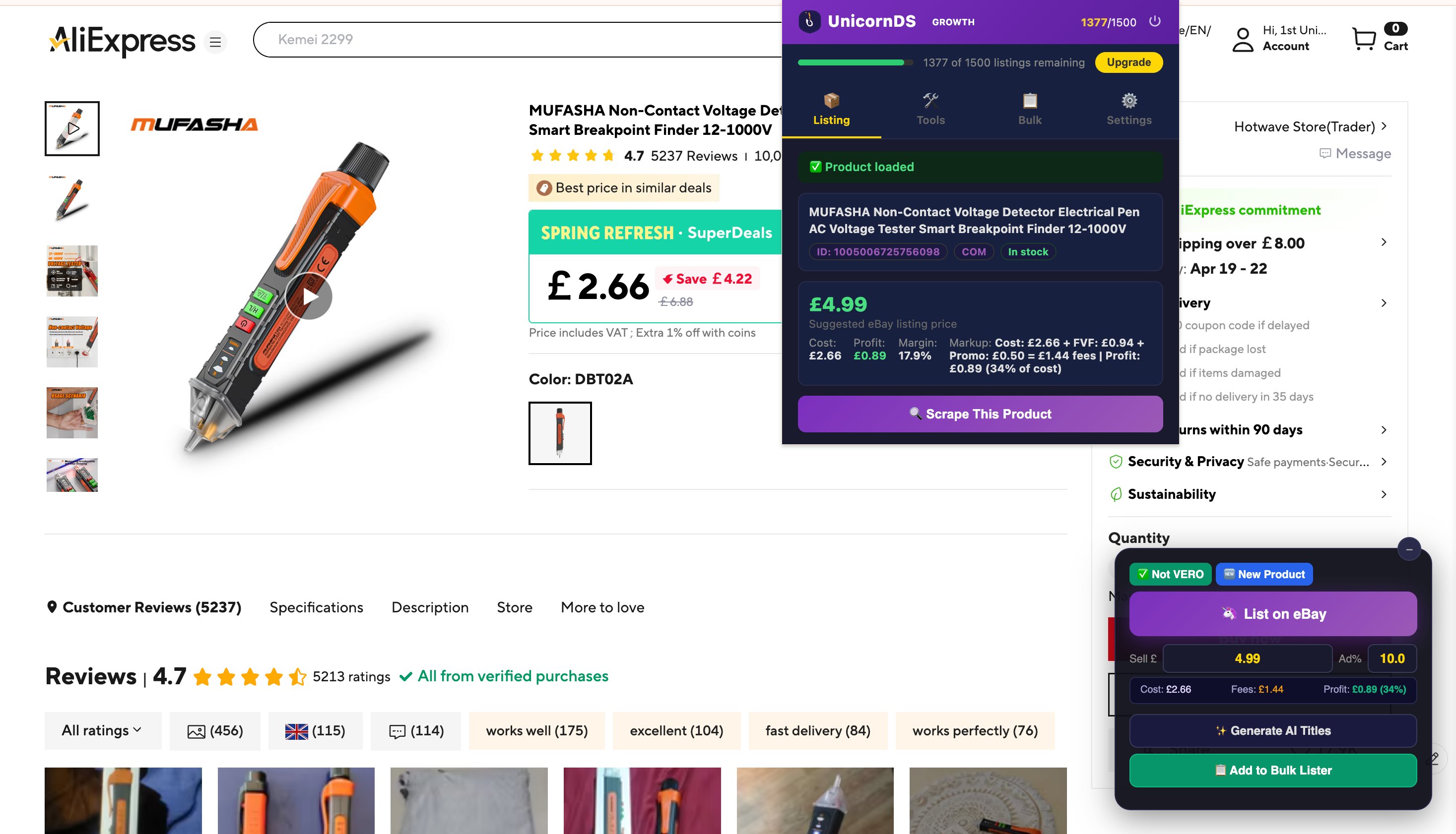 UnicornDS Chrome Extension in action on AliExpress