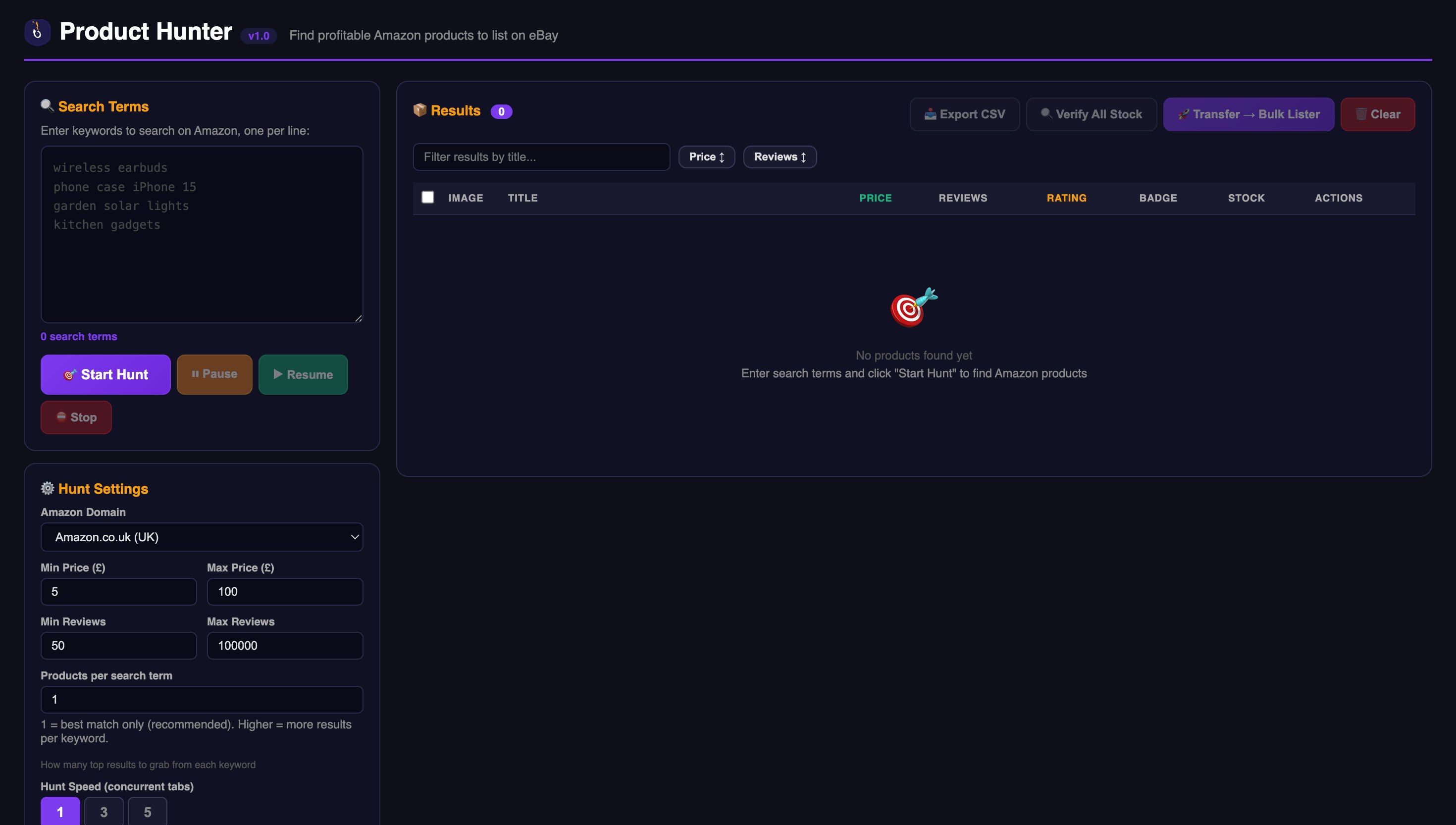 UnicornDS Product Hunter — search Amazon by keyword for profitable eBay dropshipping products